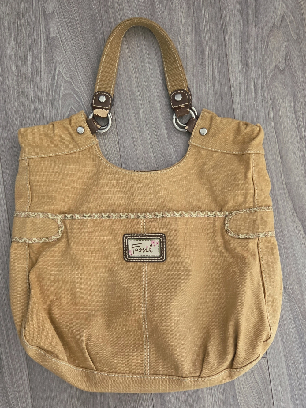 Fossil Hobo Canvas Double Handle Purse Bag Corduroy Ripstop Fabric Tan FLAWS